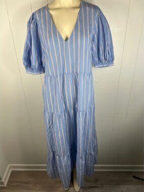 MANGO Women's Striped Cotton Midi Puff Sleeve Dress in Light Blue